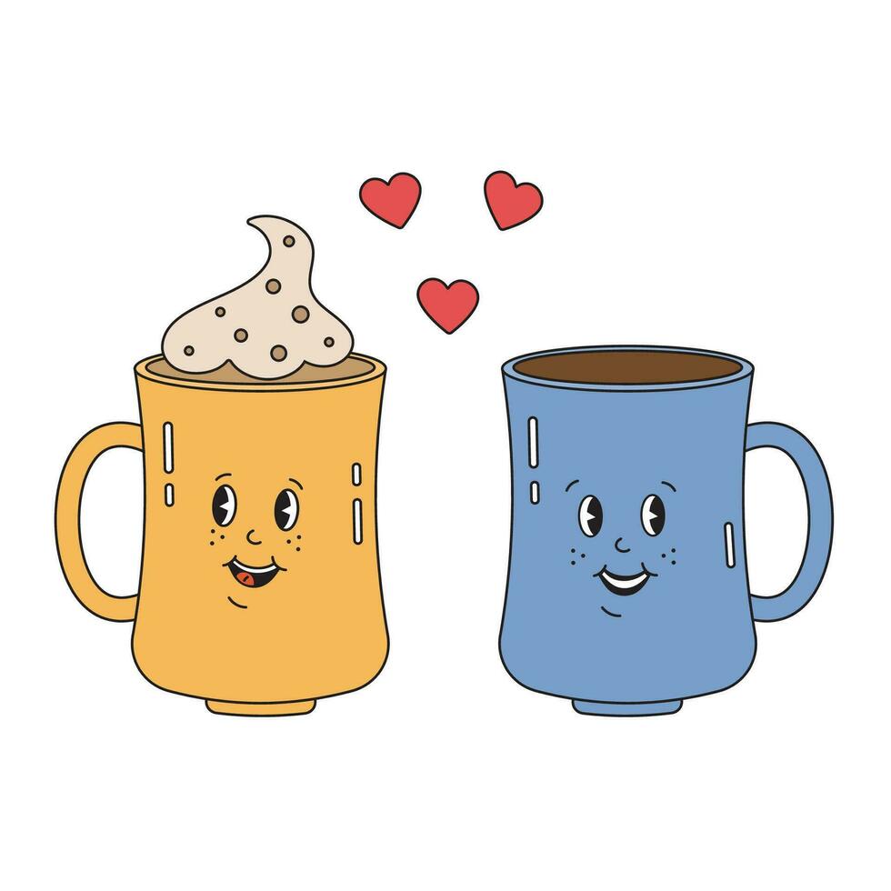 Two cups of coffee in love in groovy retro style. Happy Valentines day, romantic concept. Hippie retro vintage love elements. vector