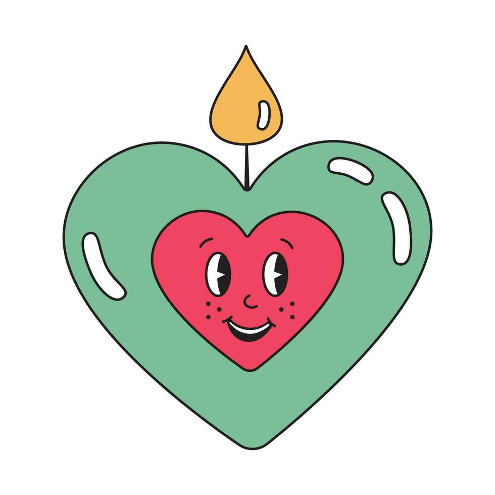 Romantic love candle with heart in groovy, retro style. Burning fire in candle. vector