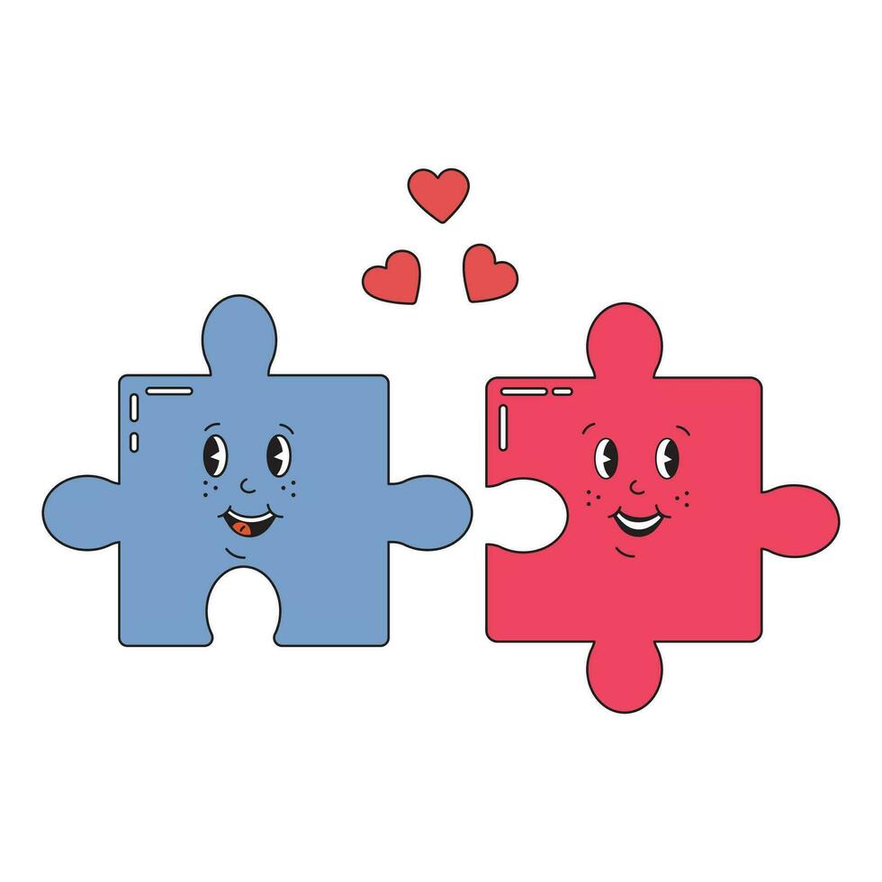 Two puzzle pieces in love in groovy retro style. Valentines day, romantic concept. Hippie retro vintage love elements. vector