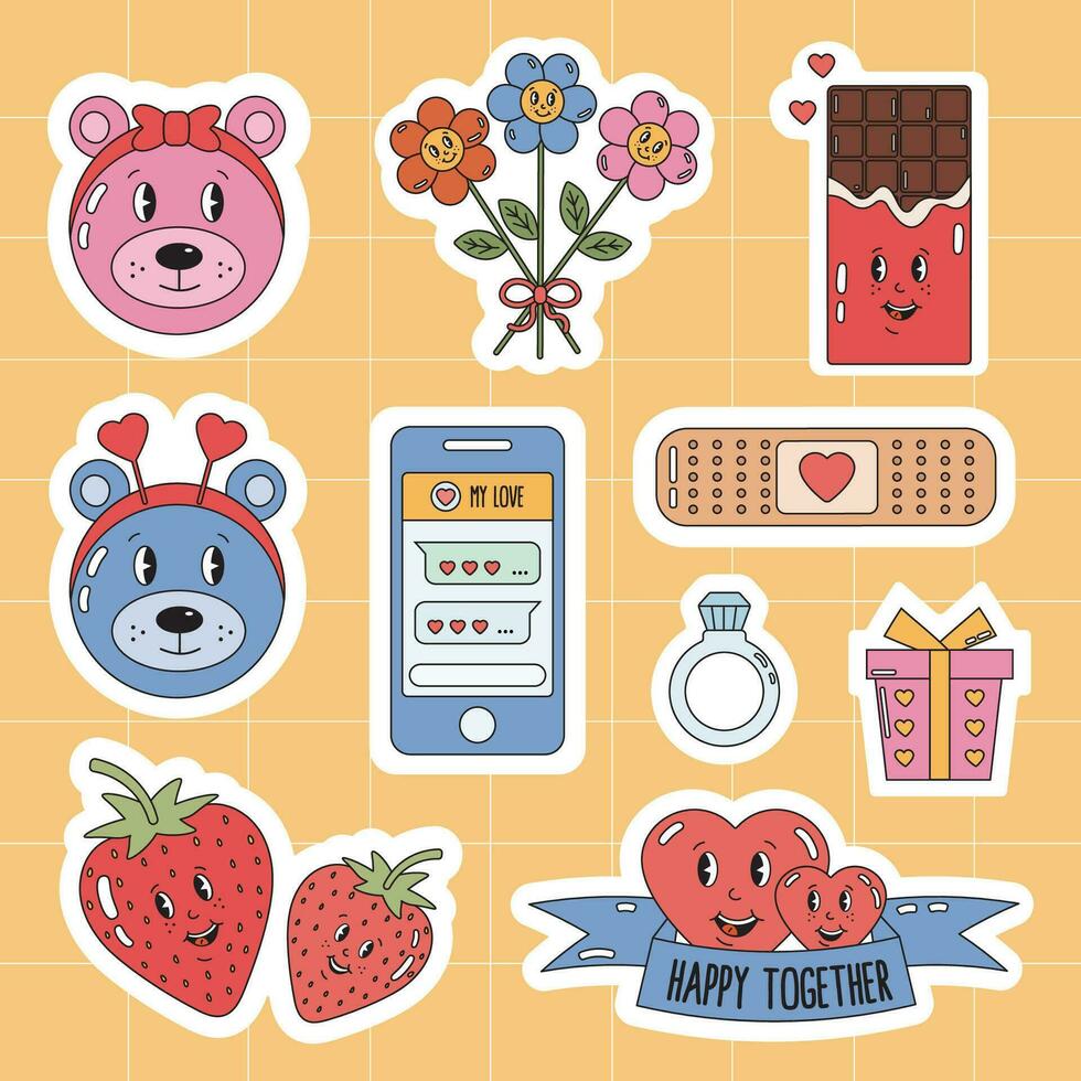 Groovy hippie love stickers. Collection of scrapbooking elements for valentines day. romantic themed holidays Valentine day pack. Romantic doodle vector icons for daily planner, diary.