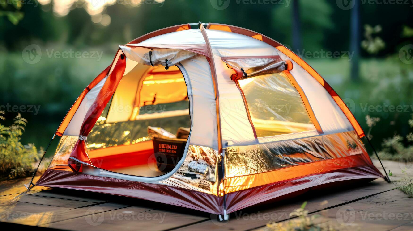 AI generated Camping tent in the forest. Camping concept. photo