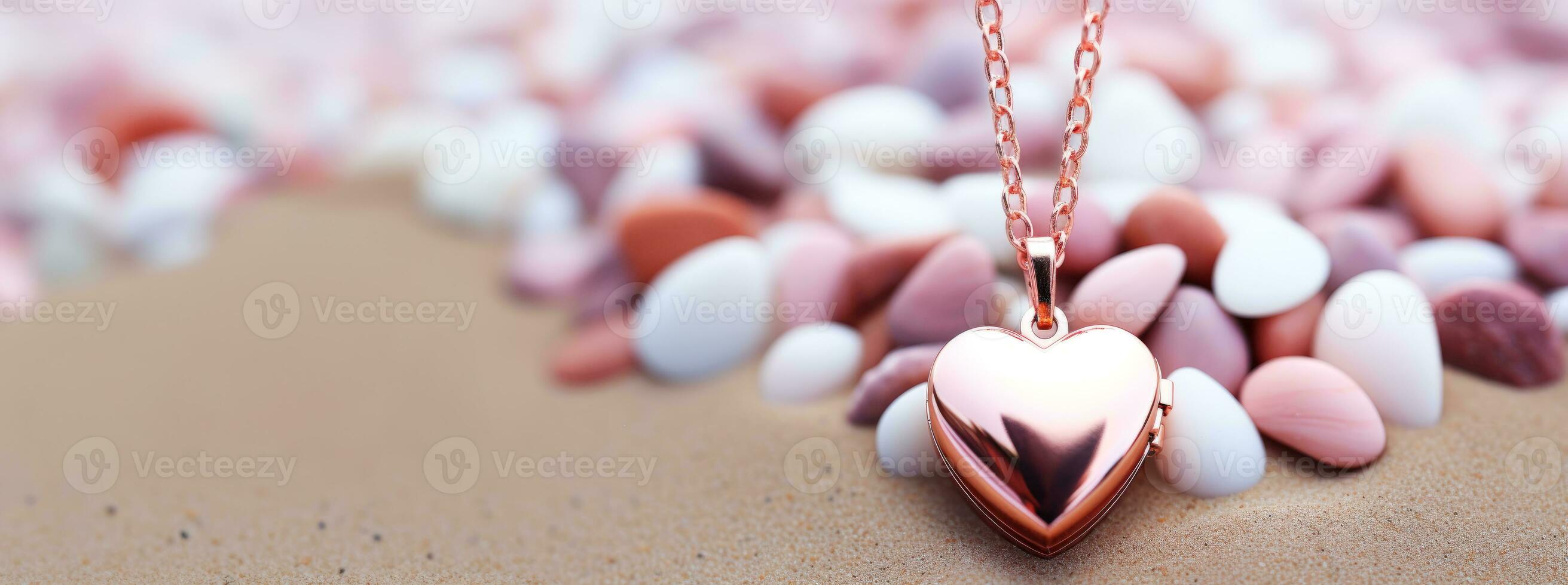 AI generated Valentine's day background with heart shaped candies and cup of tea. photo