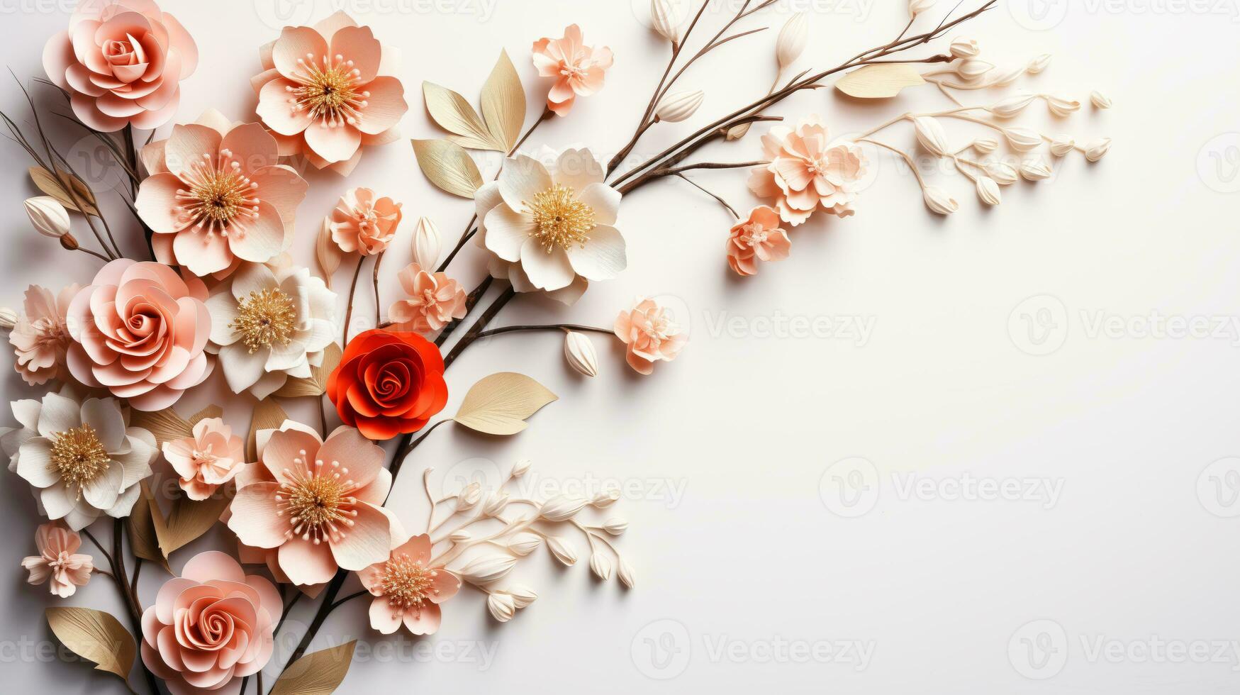 AI generated Two parrots on a branch with pink flowers in the background. Valentine's Day. photo