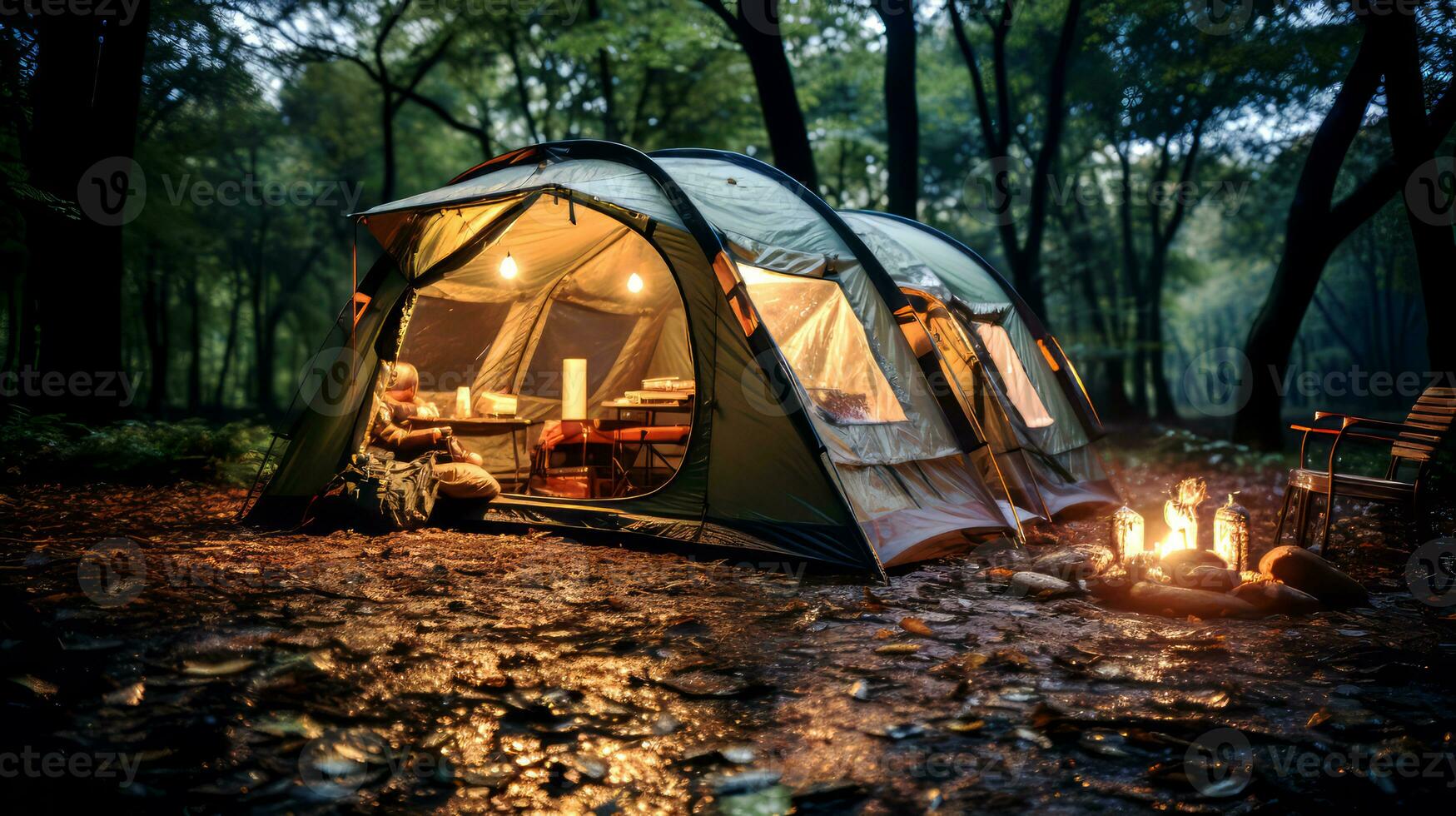 AI generated Camping in the forest. Camping tent in the forest. photo