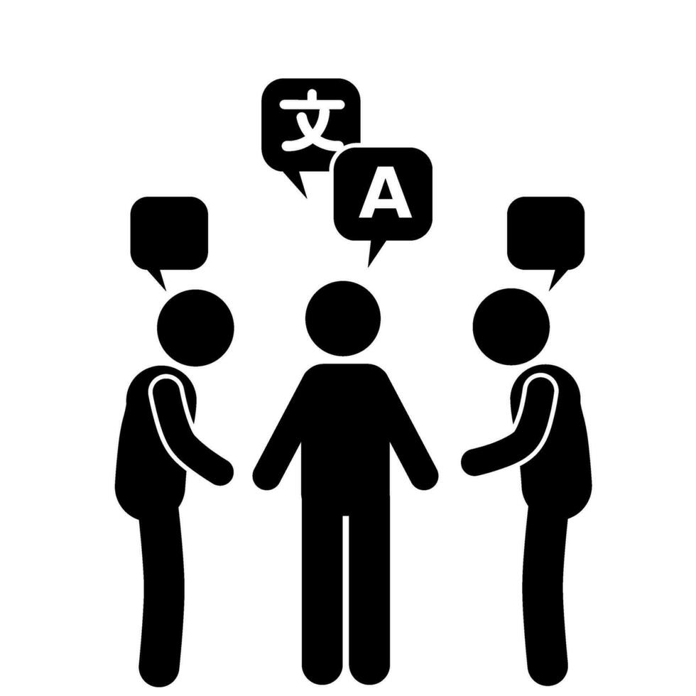 vector illustration of pictogram and stick figure of man translating two people communicating, translator.