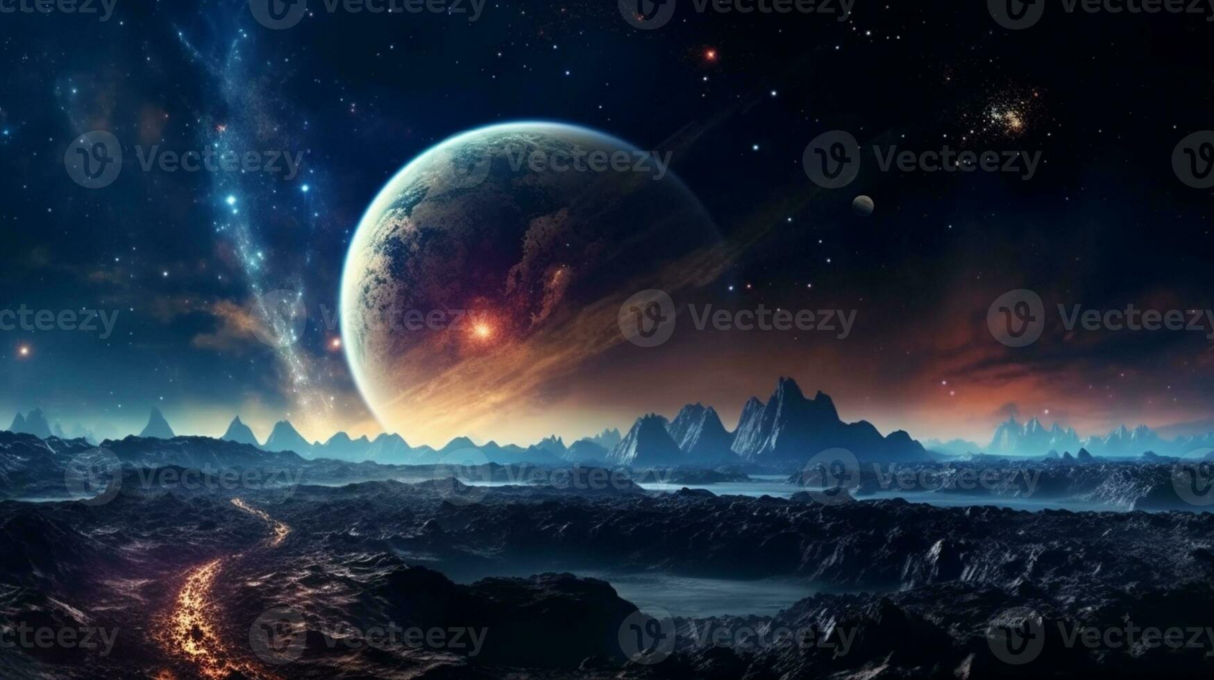 AI generated Panorama of distant planet system in space 3D rendering elements of this image furnished by NASA 2, Generative AI. photo