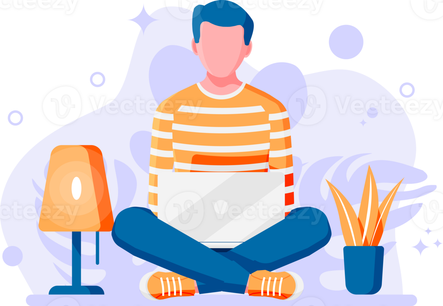 Man sitting cross-legged and working on laptop. png
