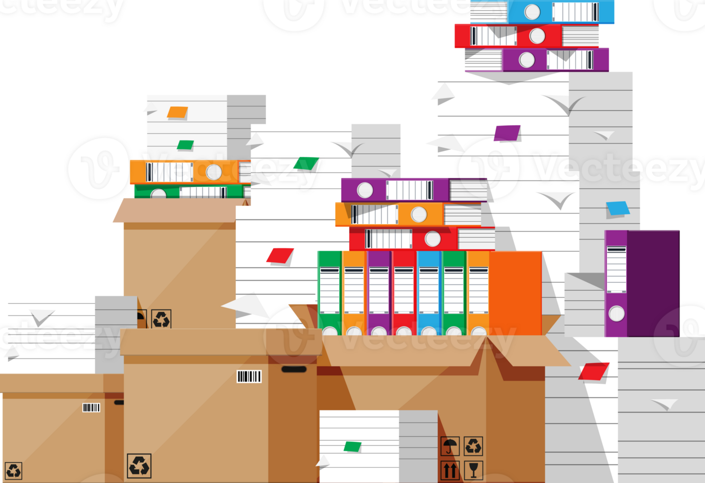 Pile of file folders, cardboard boxes and papers png
