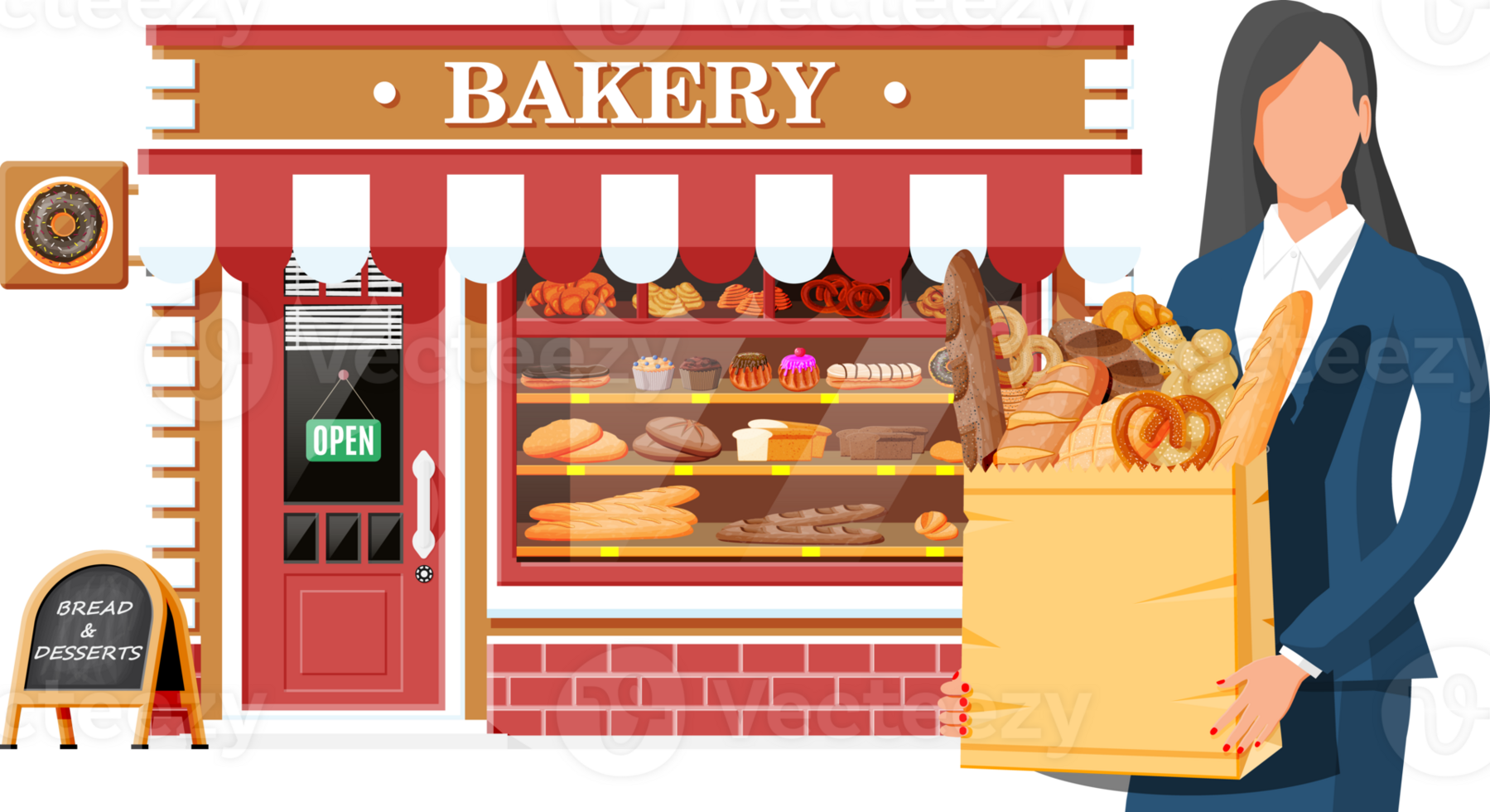Bakery shop building facade with woman customer png