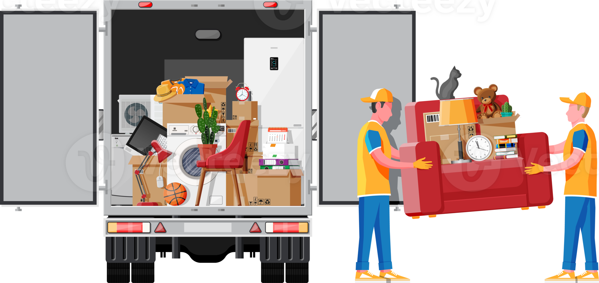 leverans lastbil full av Hem grejer inuti. png