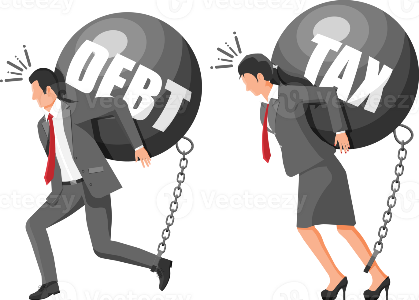 Business people chained to big heavy debt weight png