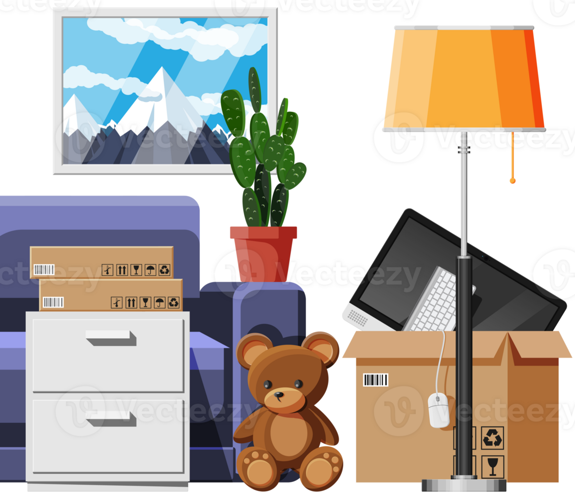 Sofa with cardboard boxes with household items png