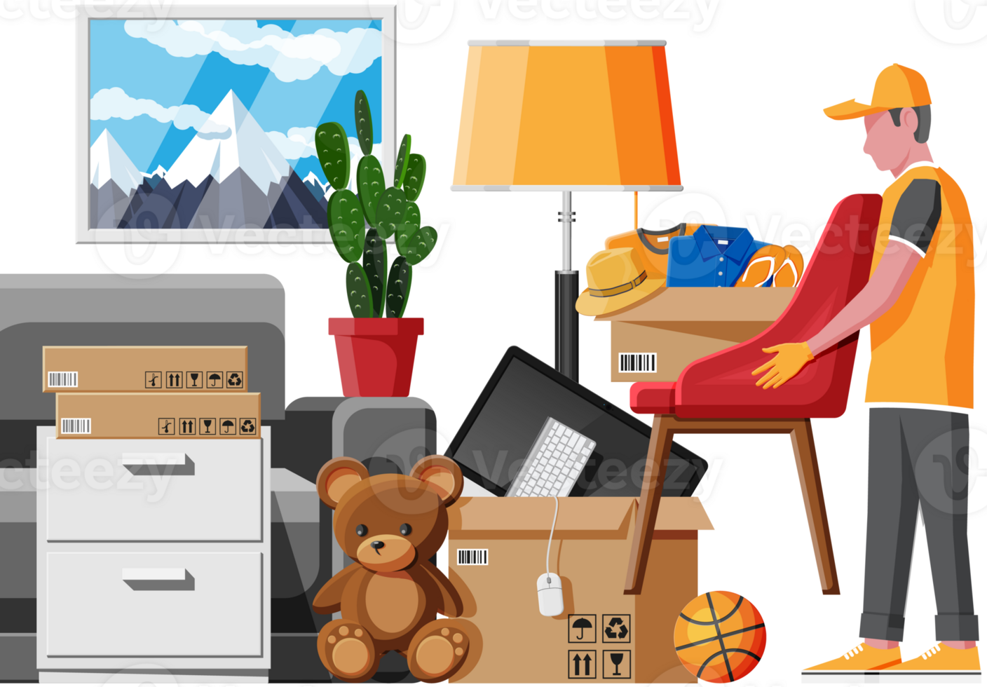 Sofa with cardboard boxes with household items png