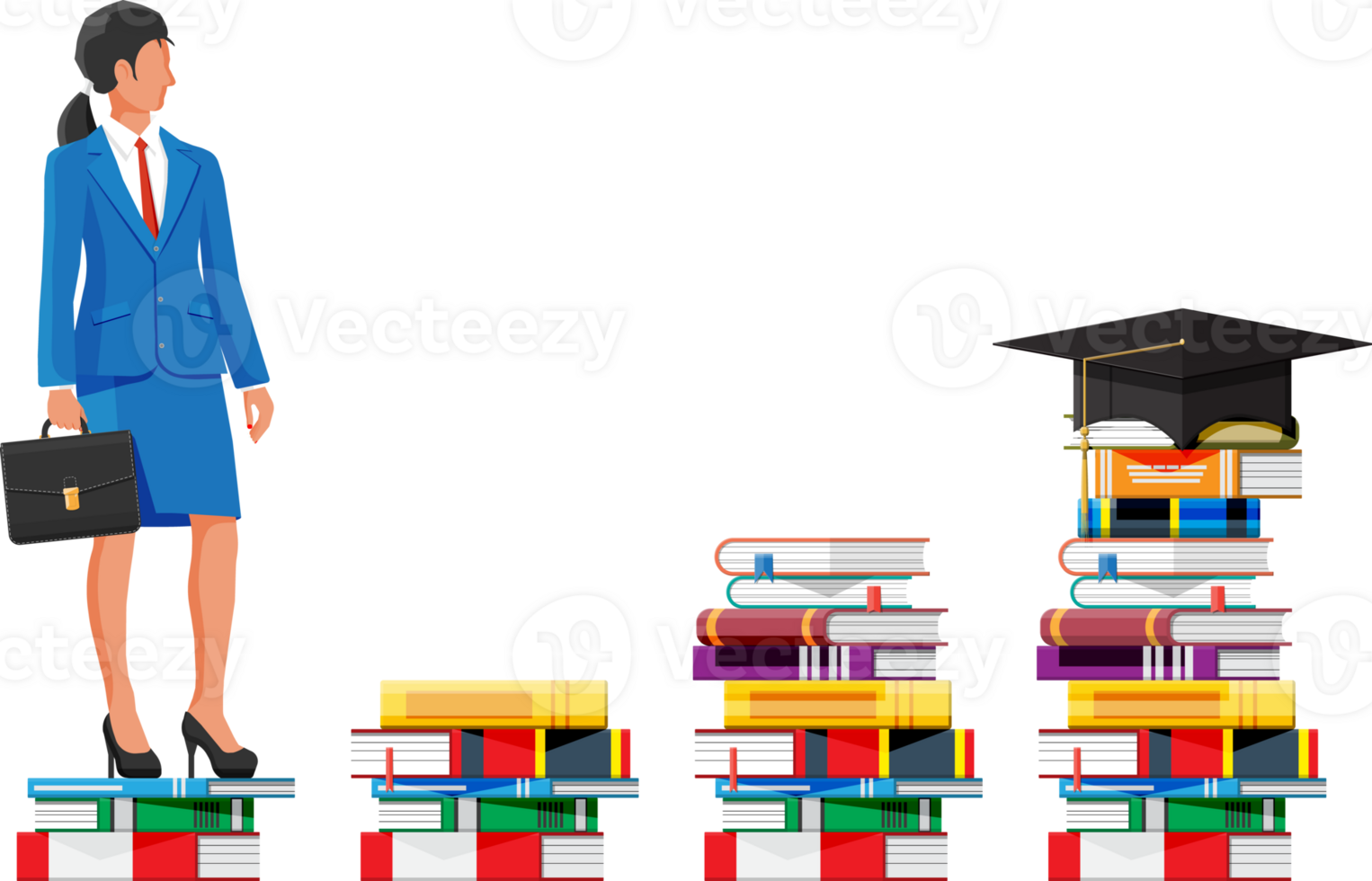 Businesswoman on stack of books. png