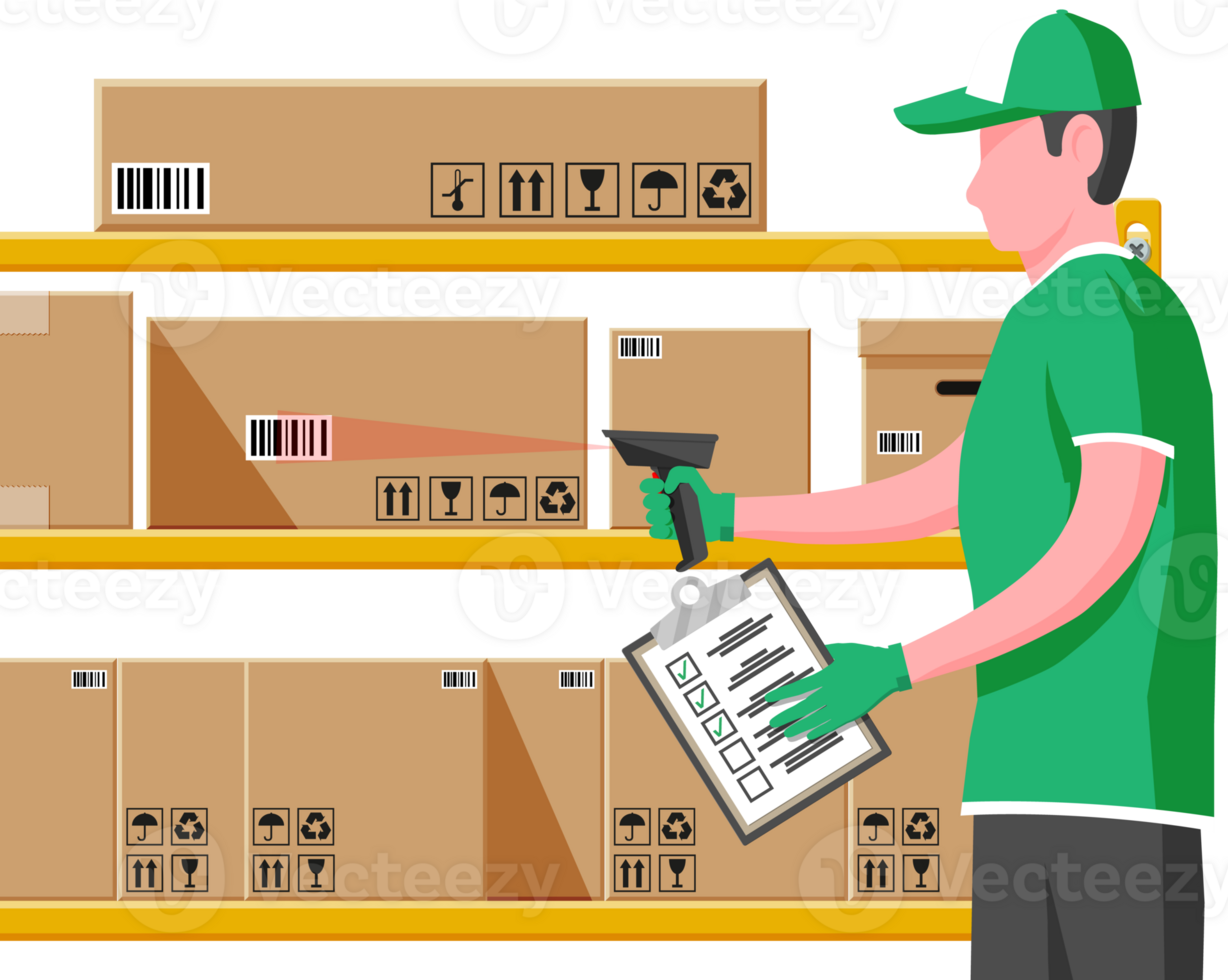 Warehouse worker scanning barcode on cardboard box png