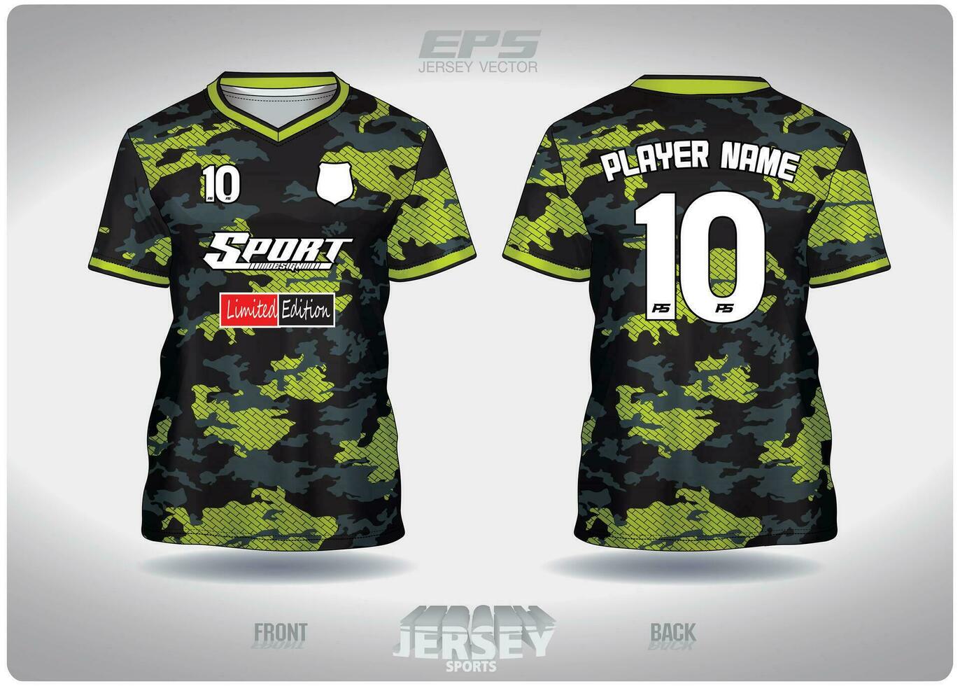 EPS jersey sports shirt vector.Black grey camouflage combined with green brick pattern design, illustration, textile background for V-neck sports t-shirt, football jersey shirt vector