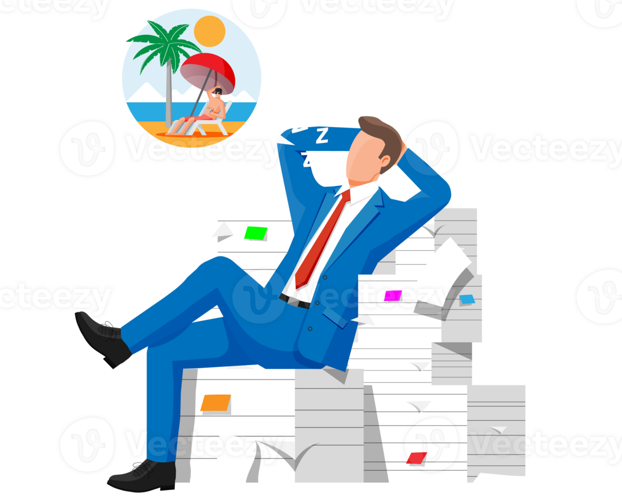 Business man character sleep in bunch of papers. png