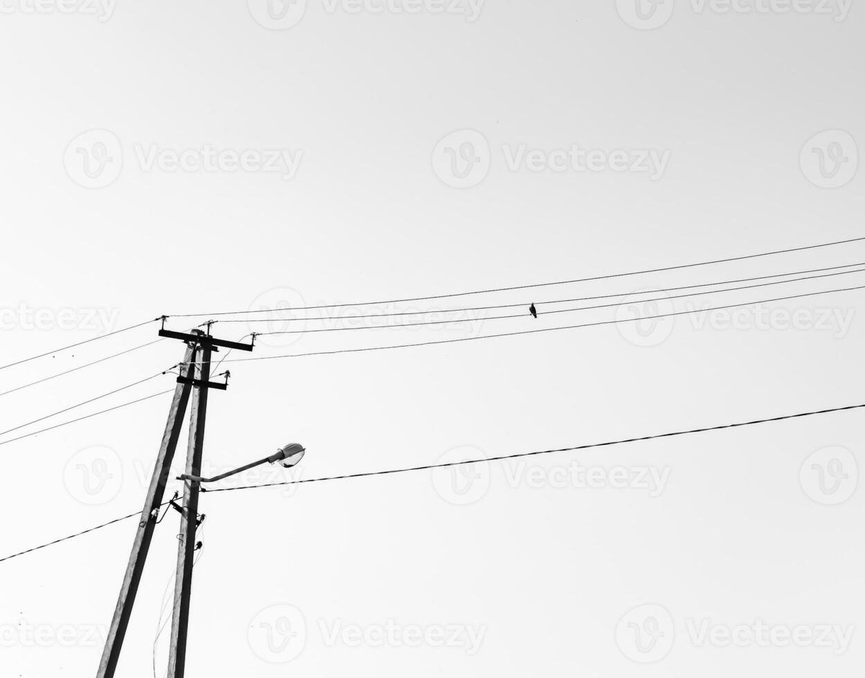 Power electric pole with line wire on light background close up photo