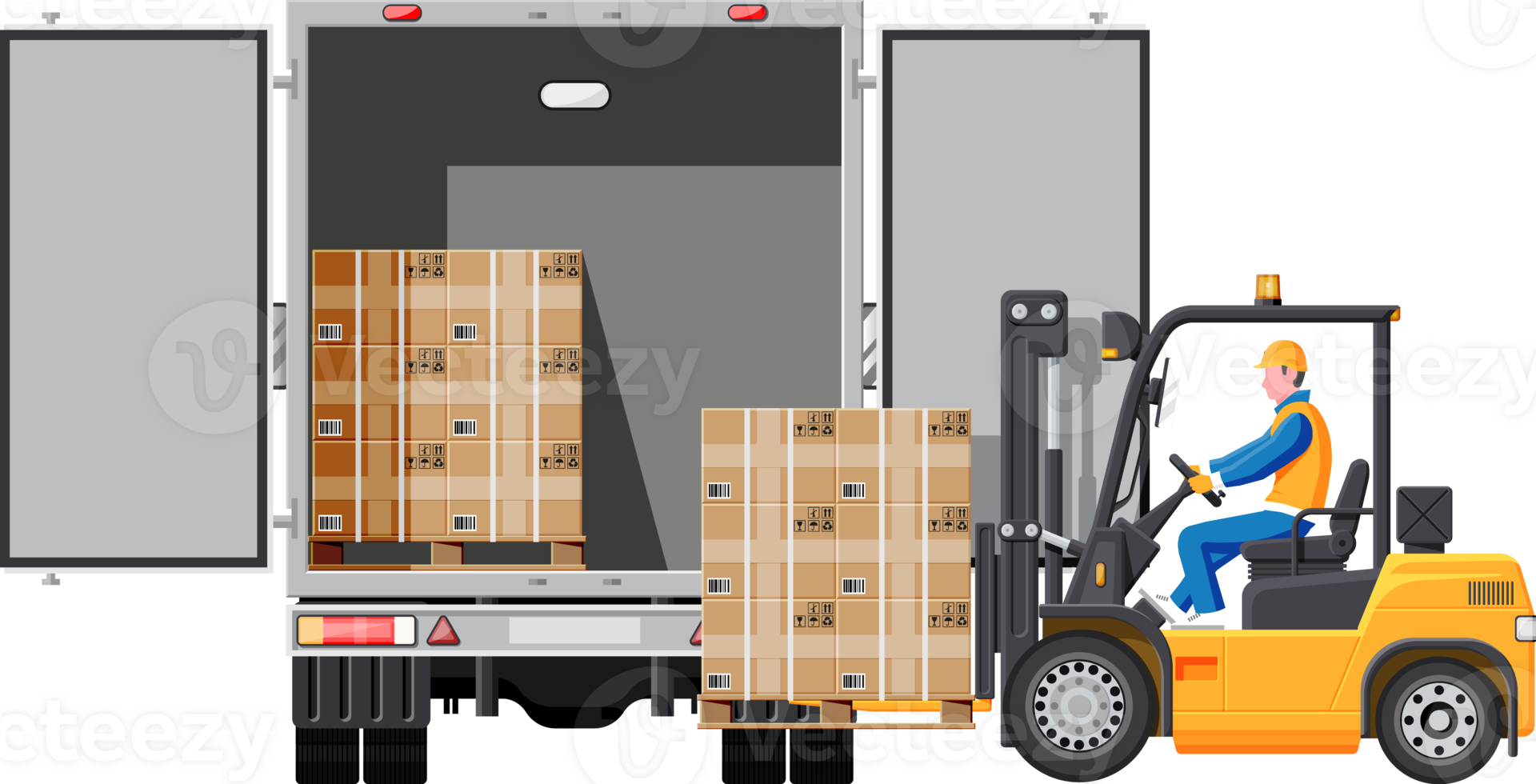 Forklift loading pallet boxes into lorry truck png
