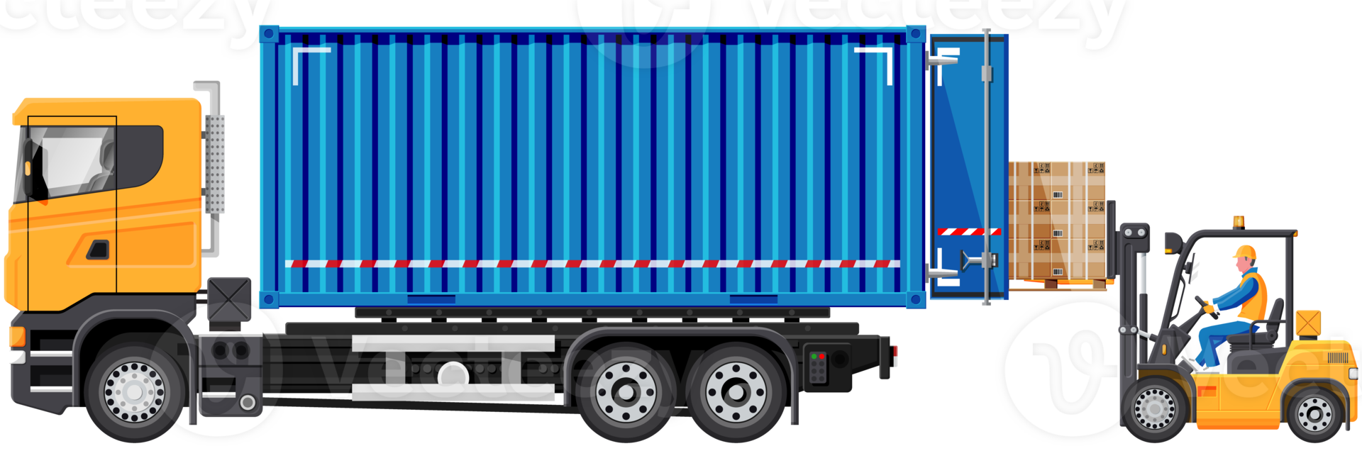 Forklift loading pallet boxes into lorry truck png