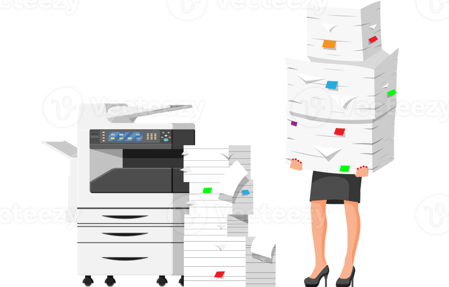 Stressed businesswoman in pile of office documents png