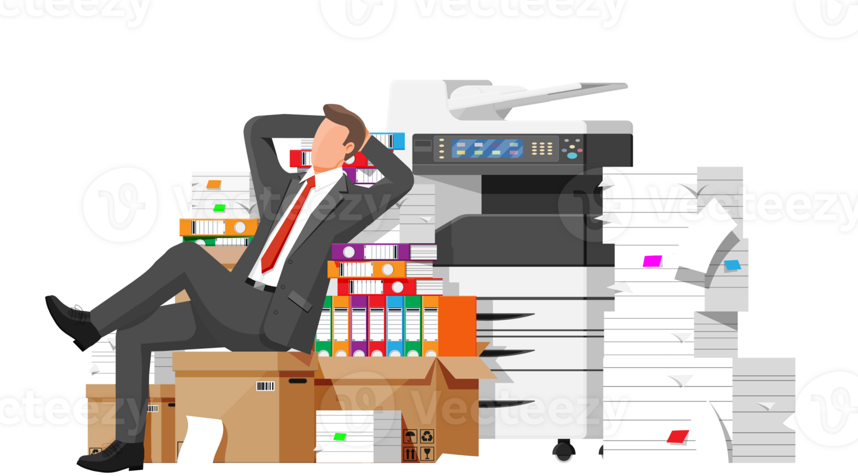 Business man character sleep in bunch of papers. png