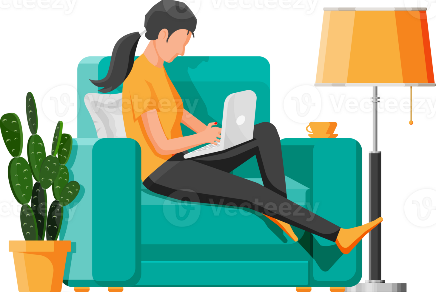 Freelancer girl in armchair works at home. png
