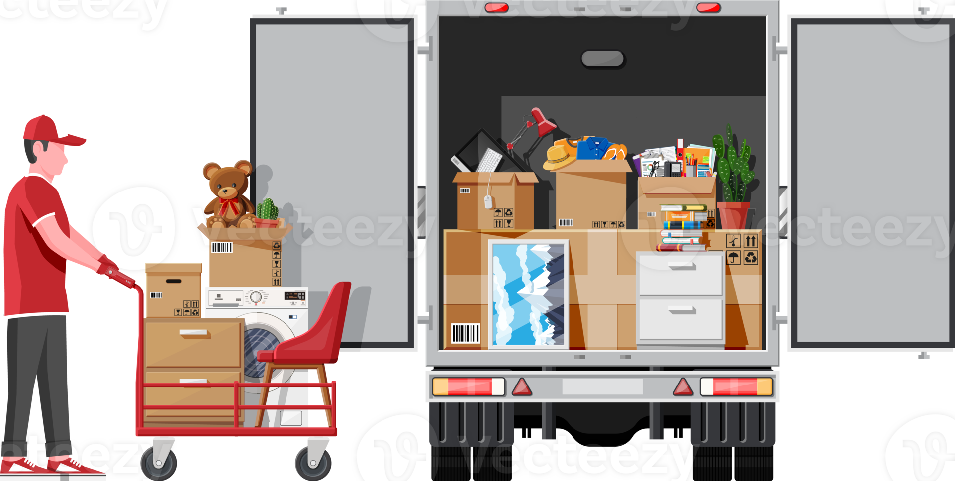 Delivery truck full of home stuff inside. png