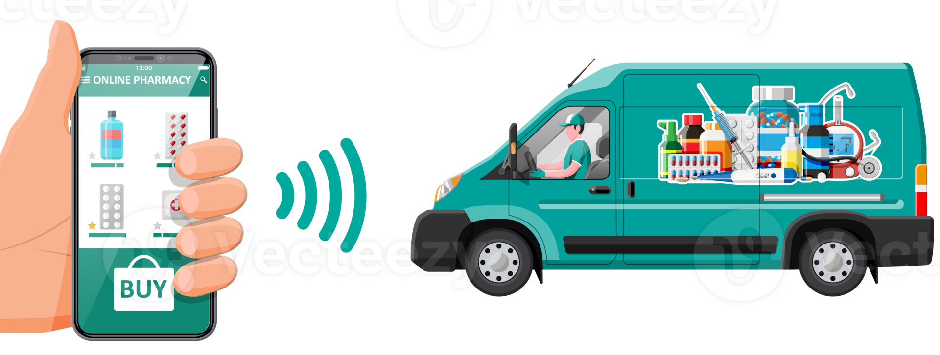 Van for delivery drugs and smartphone png