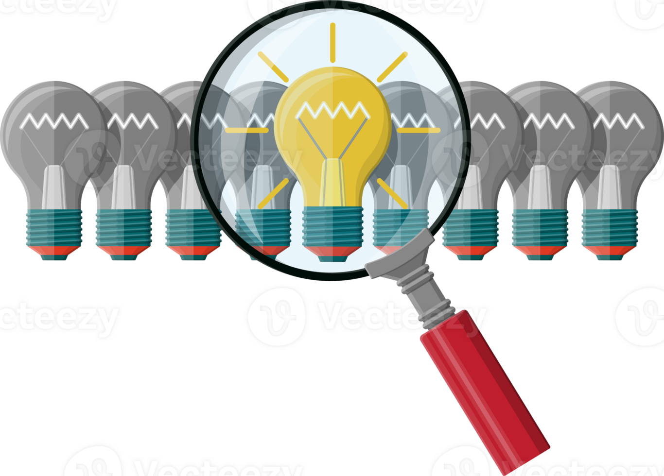 Bright light idea bulb under magnifying glass. png
