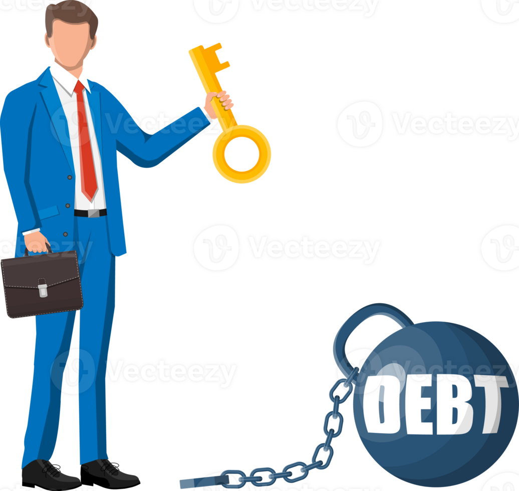 Businessman with key opens debt weight chain. png