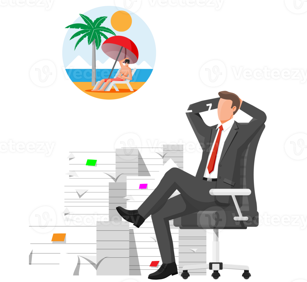 Business man character sleep in bunch of papers. png