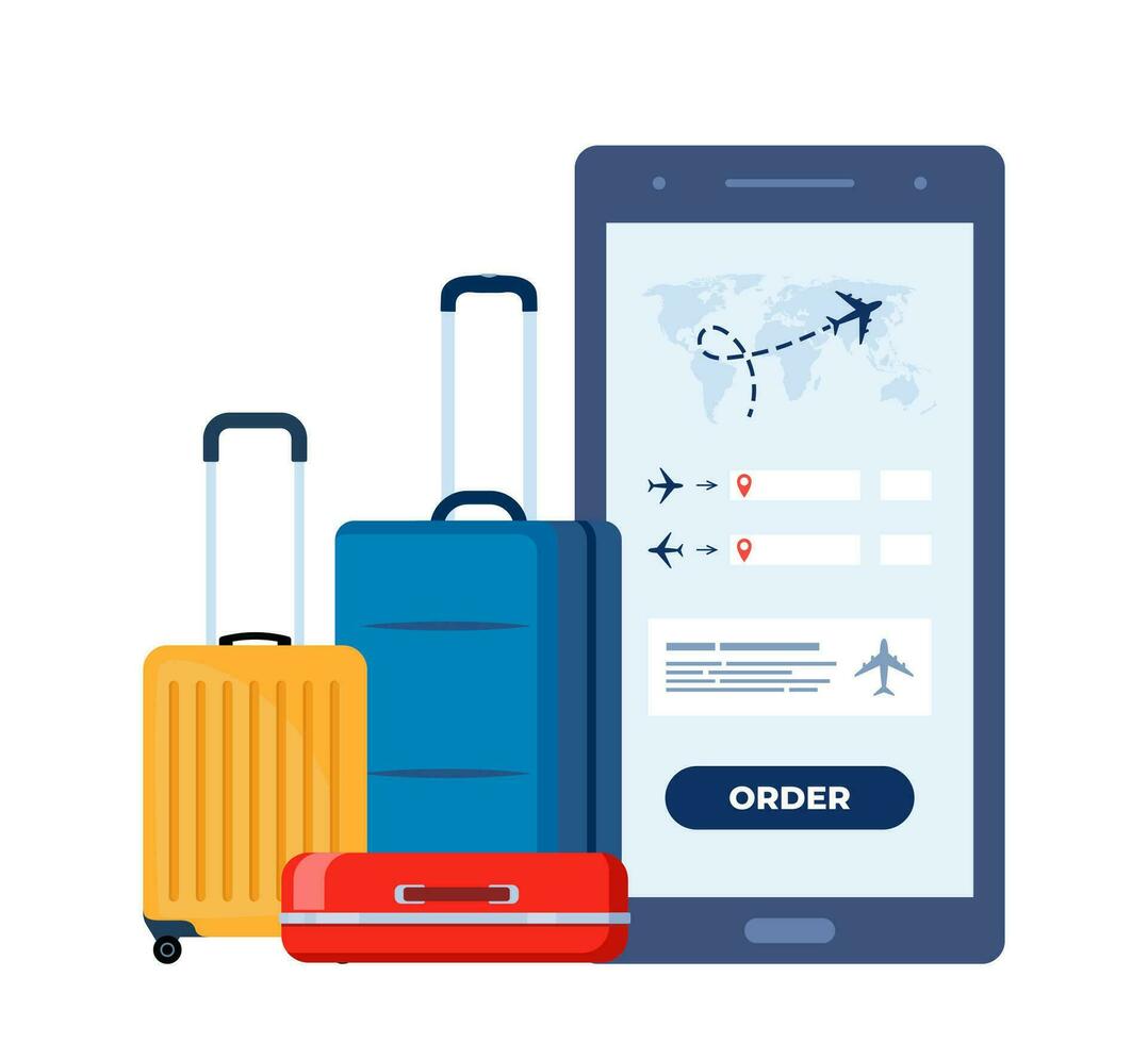 Mobile app for buying ticket with smartphone. Booking flights travel. Air tickets and baggage. Travel, journey, business trip. Vector illustration.