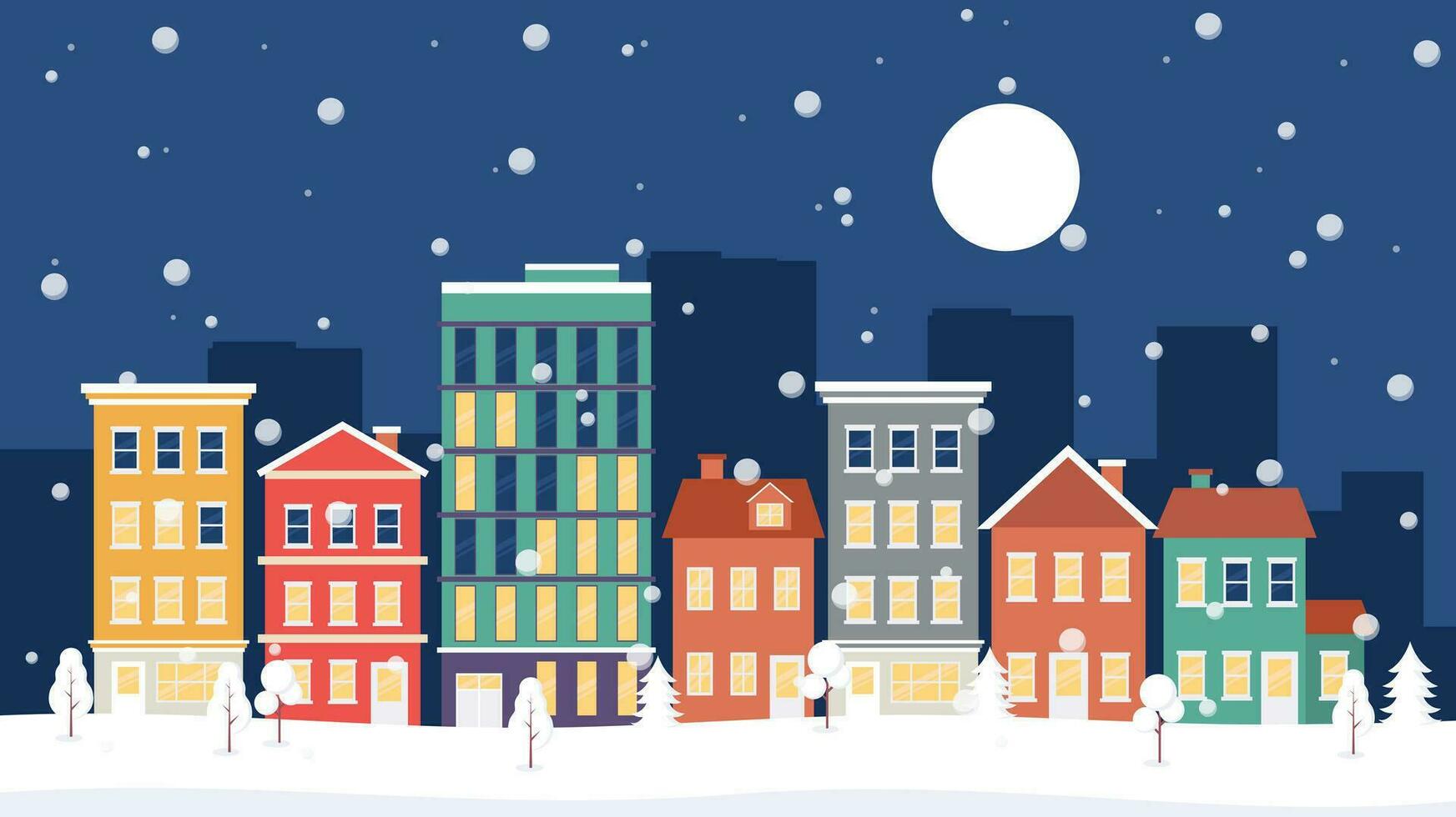 Beautiful winter night townscape with colorful houses, buildings, and trees. wallpaper with a night snow theme. Vector illustration in flat style. Suitable as a banner, card, or template