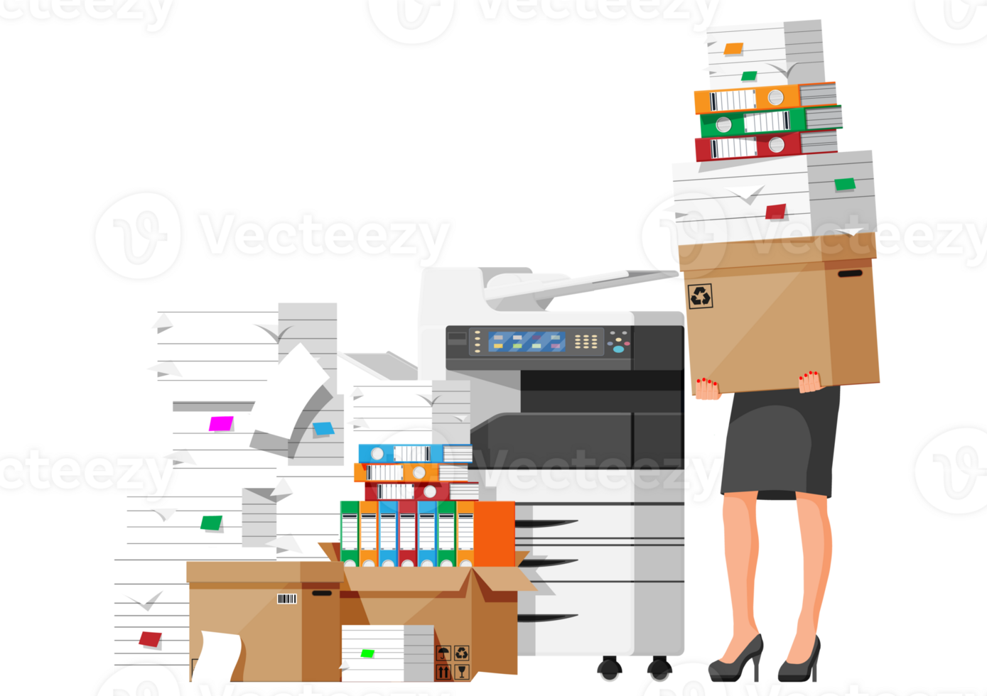Stressed businesswoman in pile of office documents png