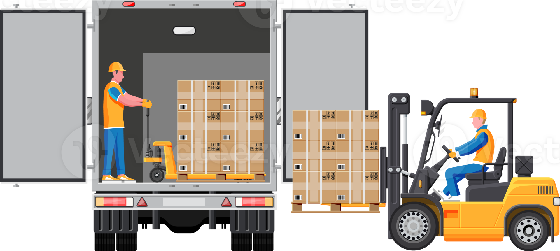 Forklift loading pallet boxes into lorry truck png