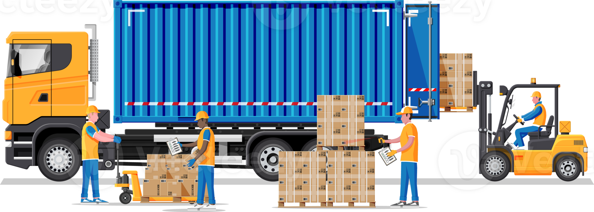 Forklift loading pallet boxes into lorry truck png