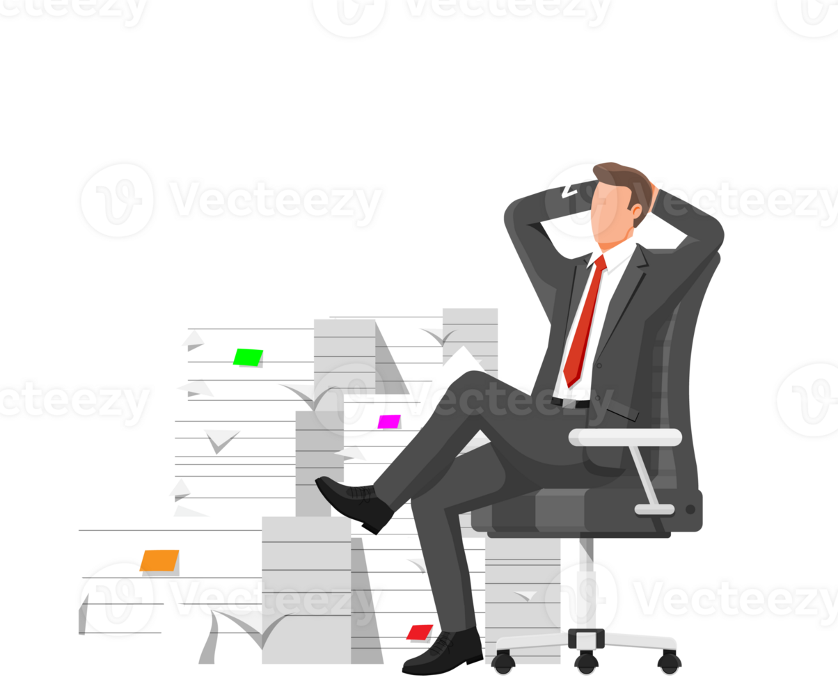 Business man character sleep in bunch of papers. png