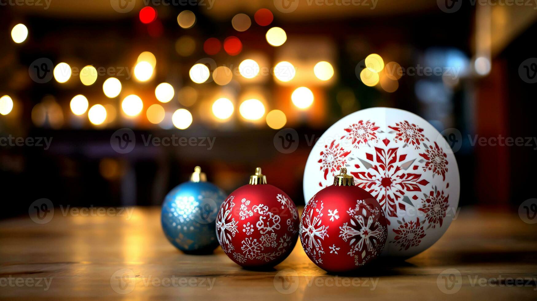 AI generated Christmas background with Christmas balls, gifts with bokeh effect.  AI generated. photo