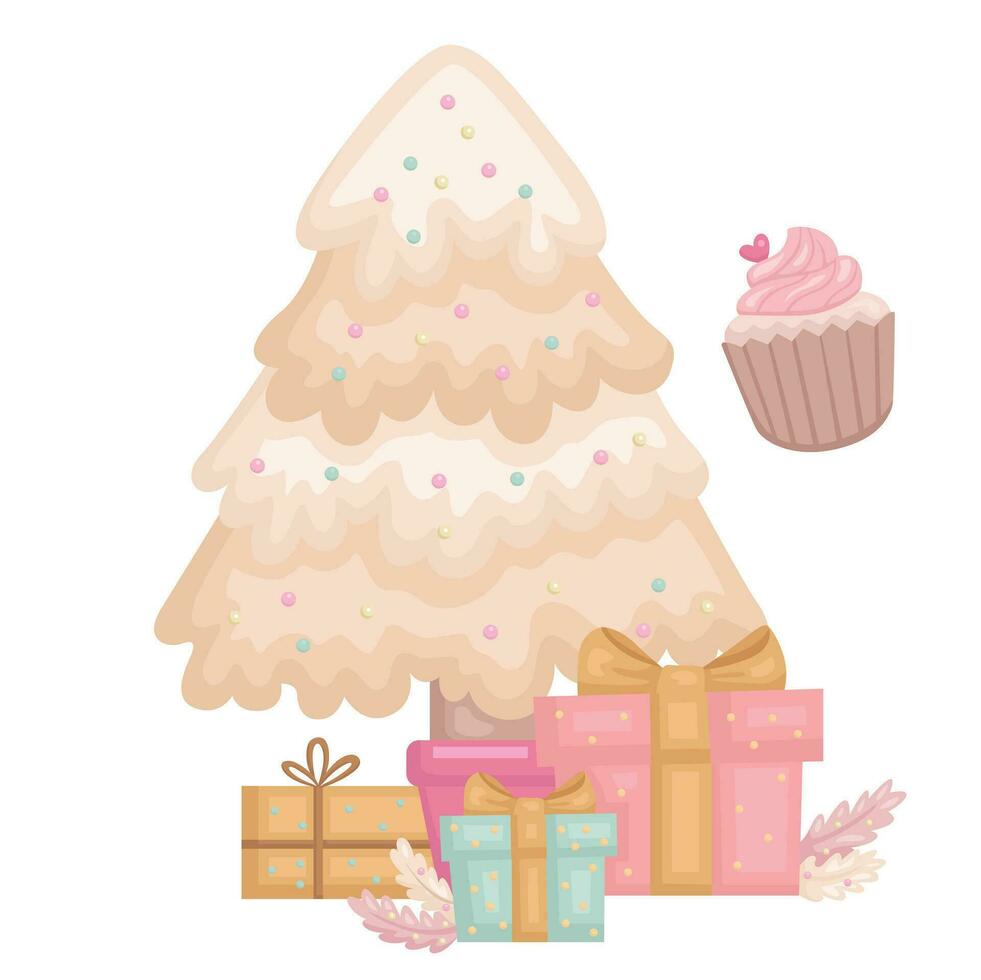 Christmas Tree in Pink Decoration Cartoon Illustration Vector Clipart Sticker