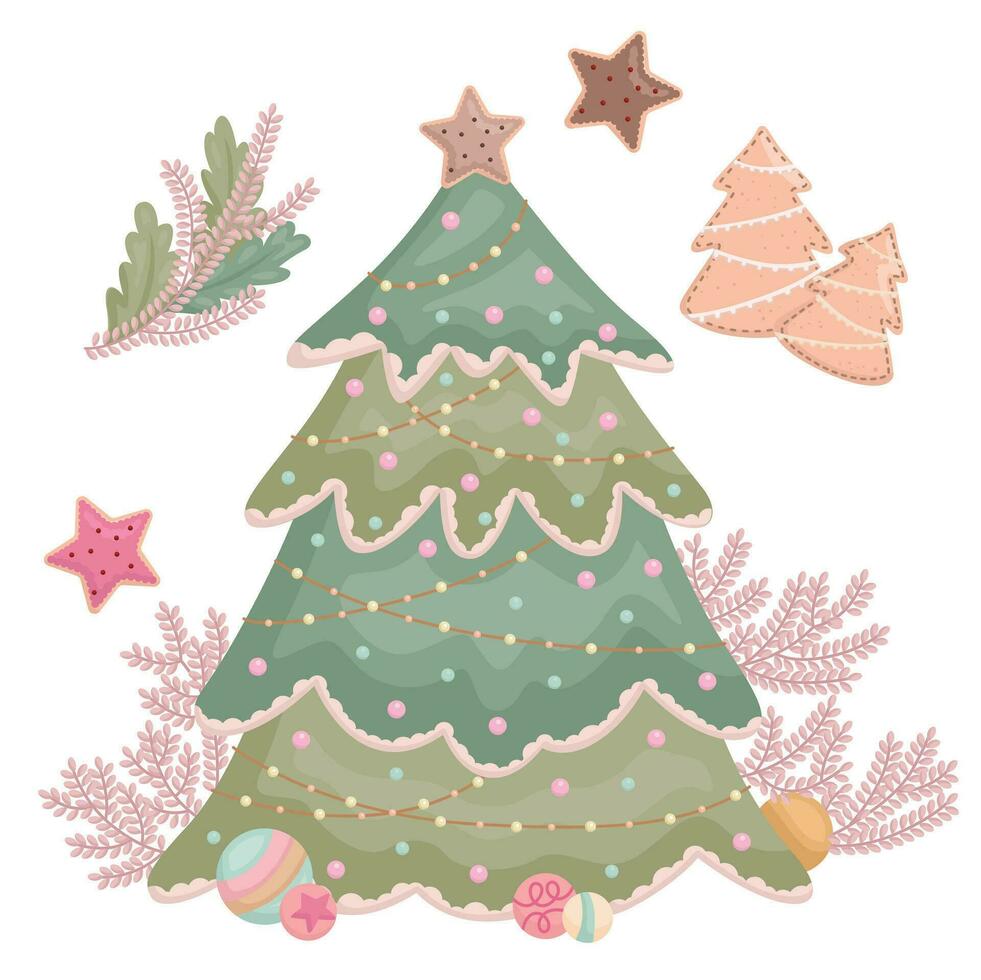 Christmas Tree in Pink Decoration Cartoon Illustration Vector Clipart Sticker