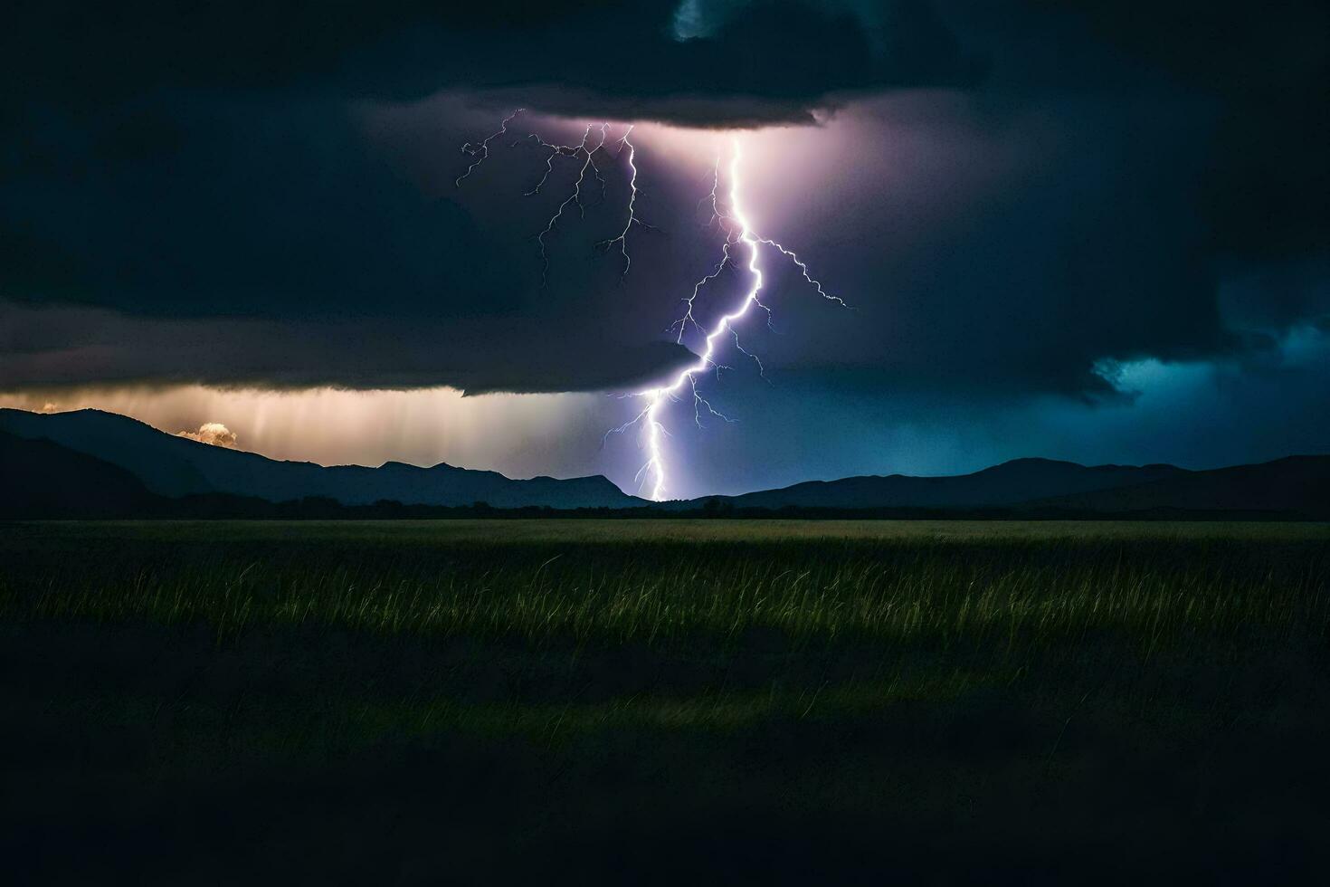 AI generated a lightning bolt strikes through the sky over a field photo