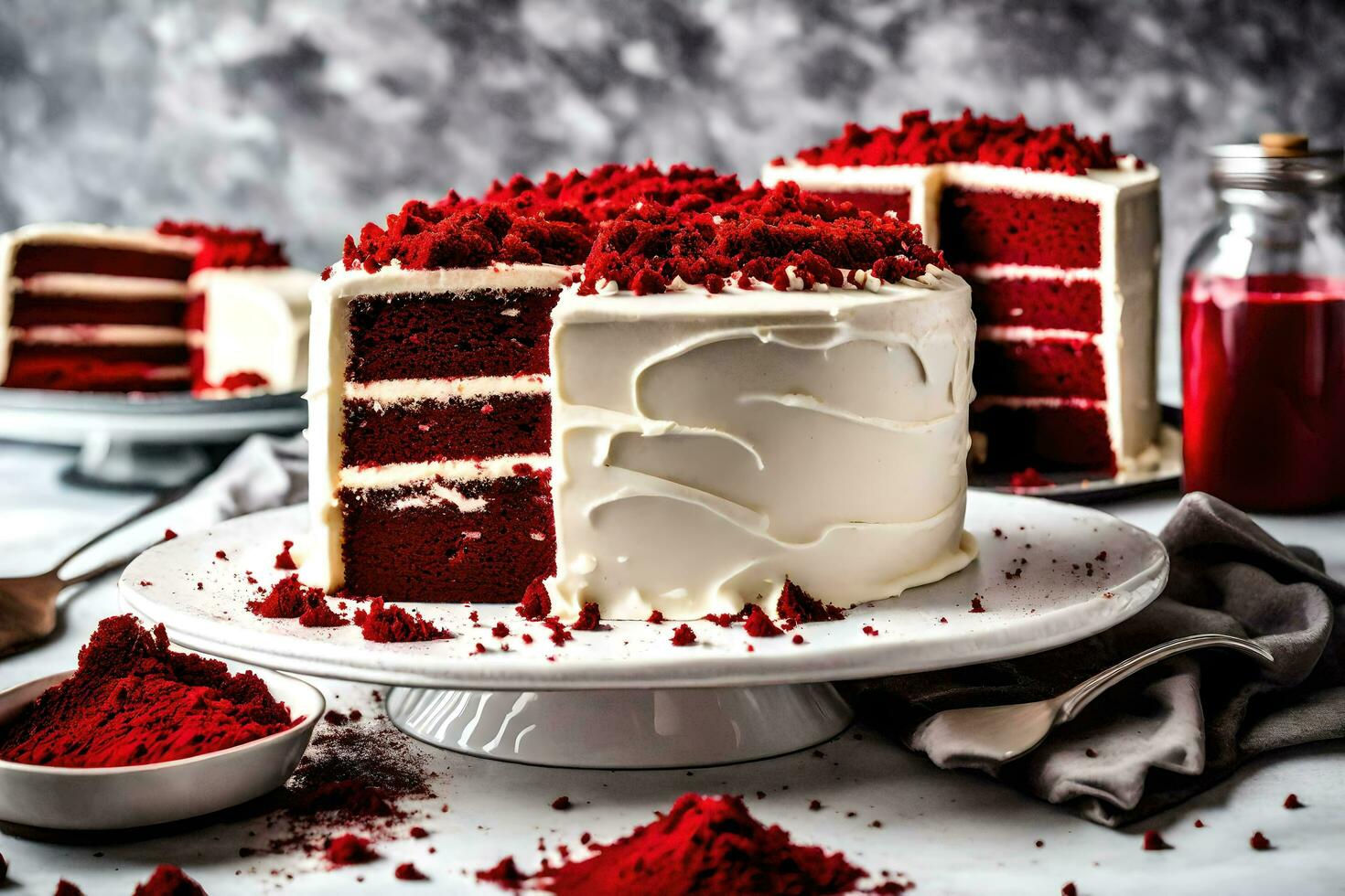 AI generated a slice of red velvet cake on a plate photo