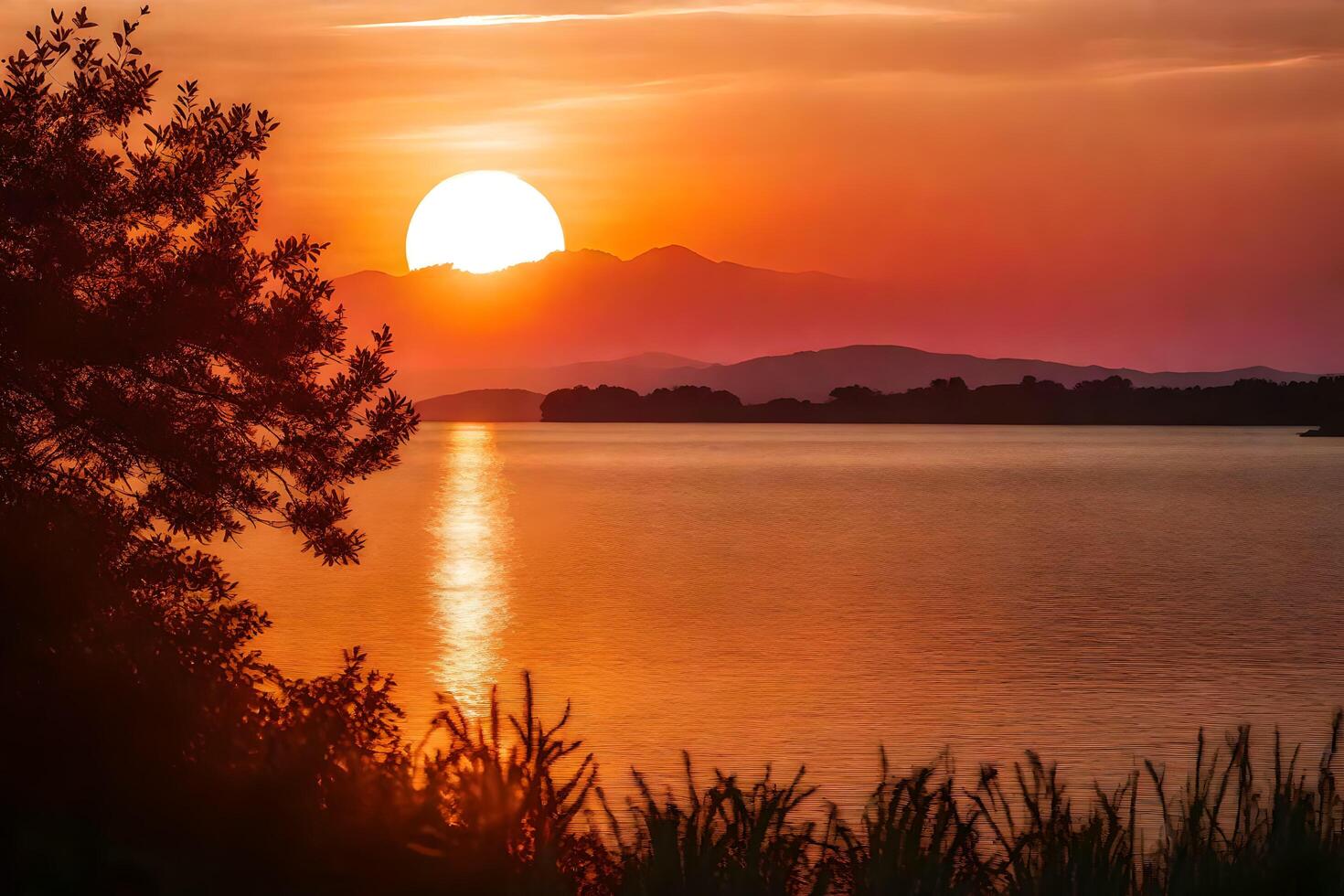 AI generated the sun sets over a lake with trees and mountains in the background photo