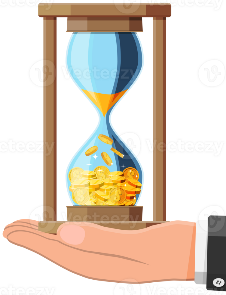 Money in hourglass clock in hand. png