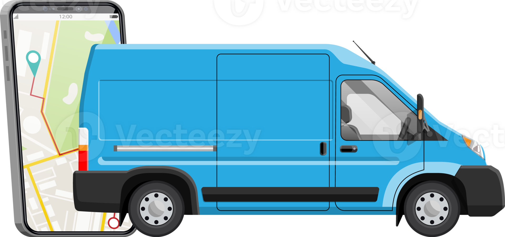 Delivery van and smartphone with navigation app. png