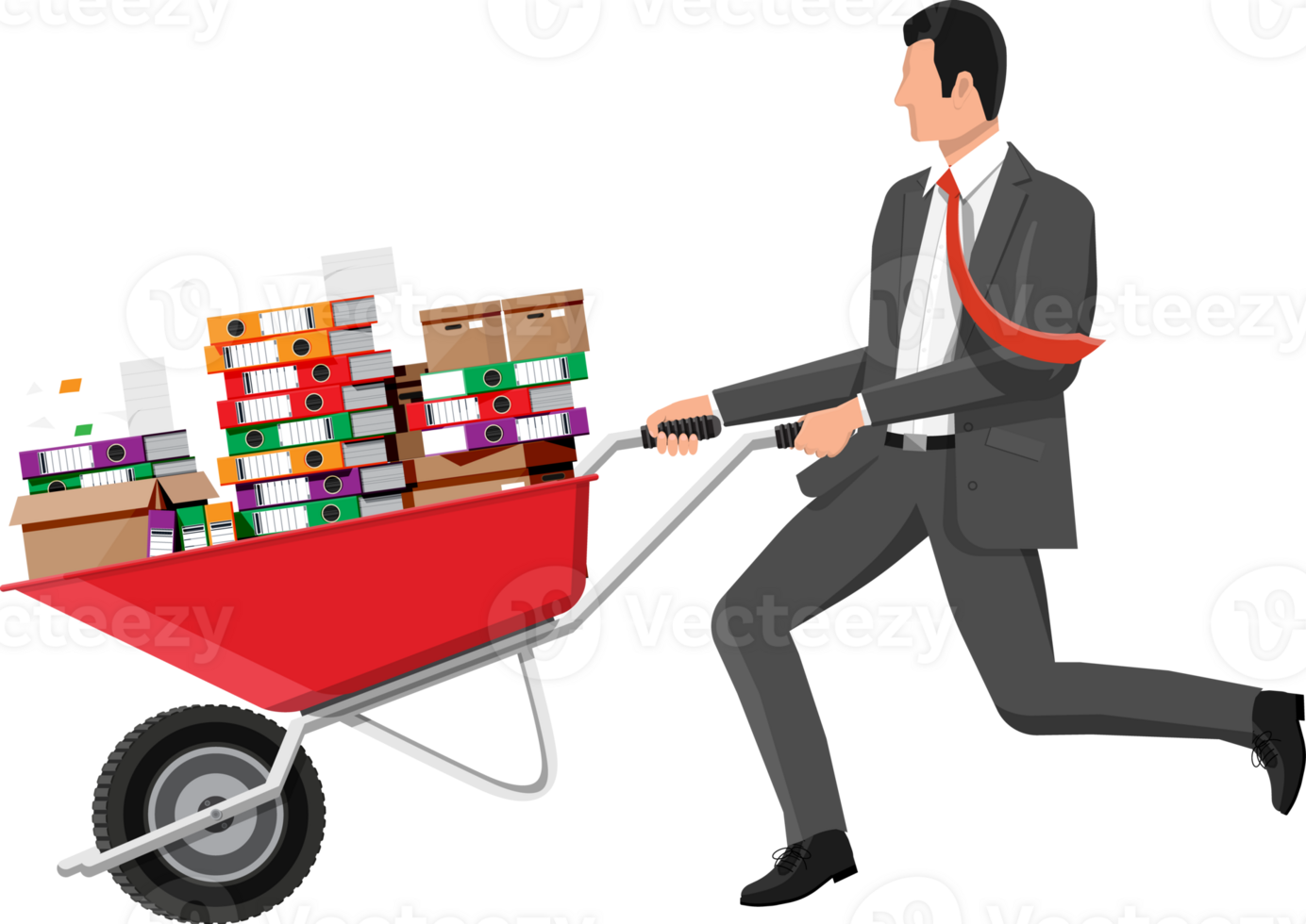 Businessman and pile of folders in wheelbarrow png