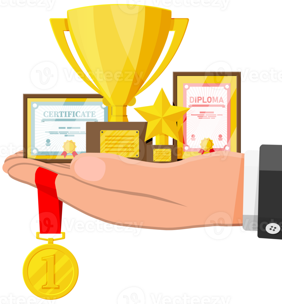 Trophy and awards collection in hand. png