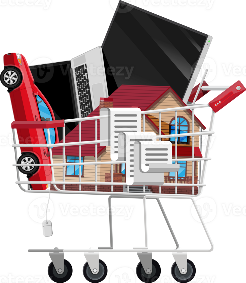 Supermarket shopping cart with goods png