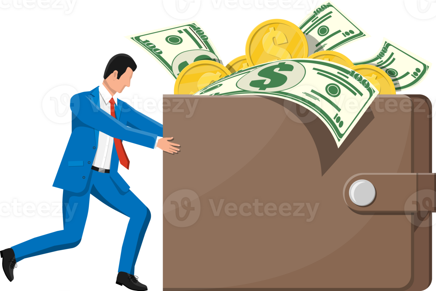 Businessman pushing leather wallet full of money 35744246 PNG